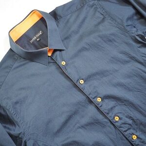 Jared Lang Sz 2XL Navy Dress Shirt with Orange Accents 100% Cotton